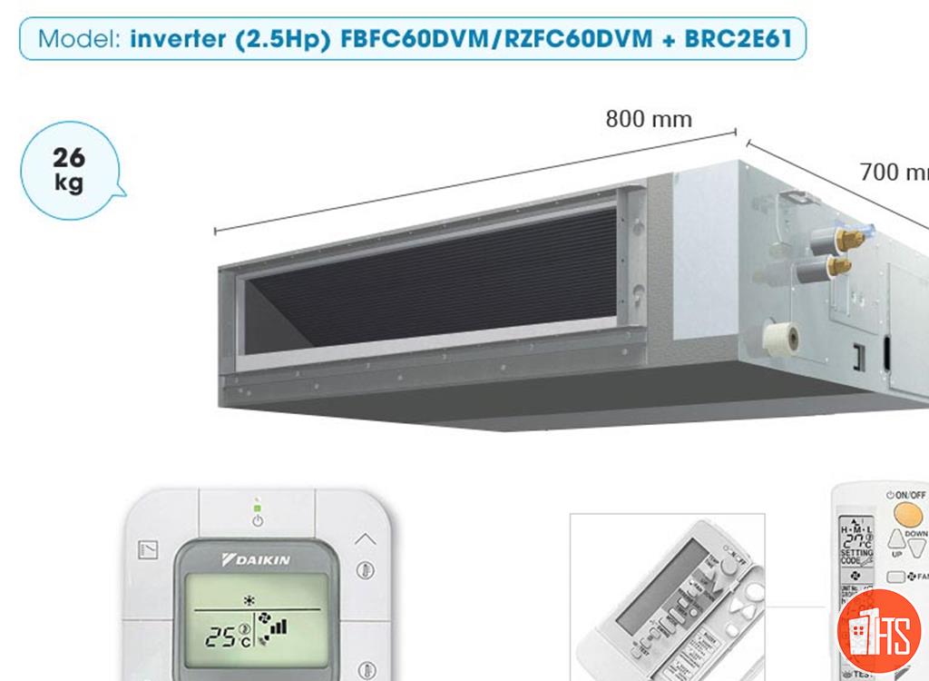 Máy lạnh giấu trần nối ống gió Daikin FBFC60DVM/RZFC60DVM + BRC2E61 inverter (2.5Hp)