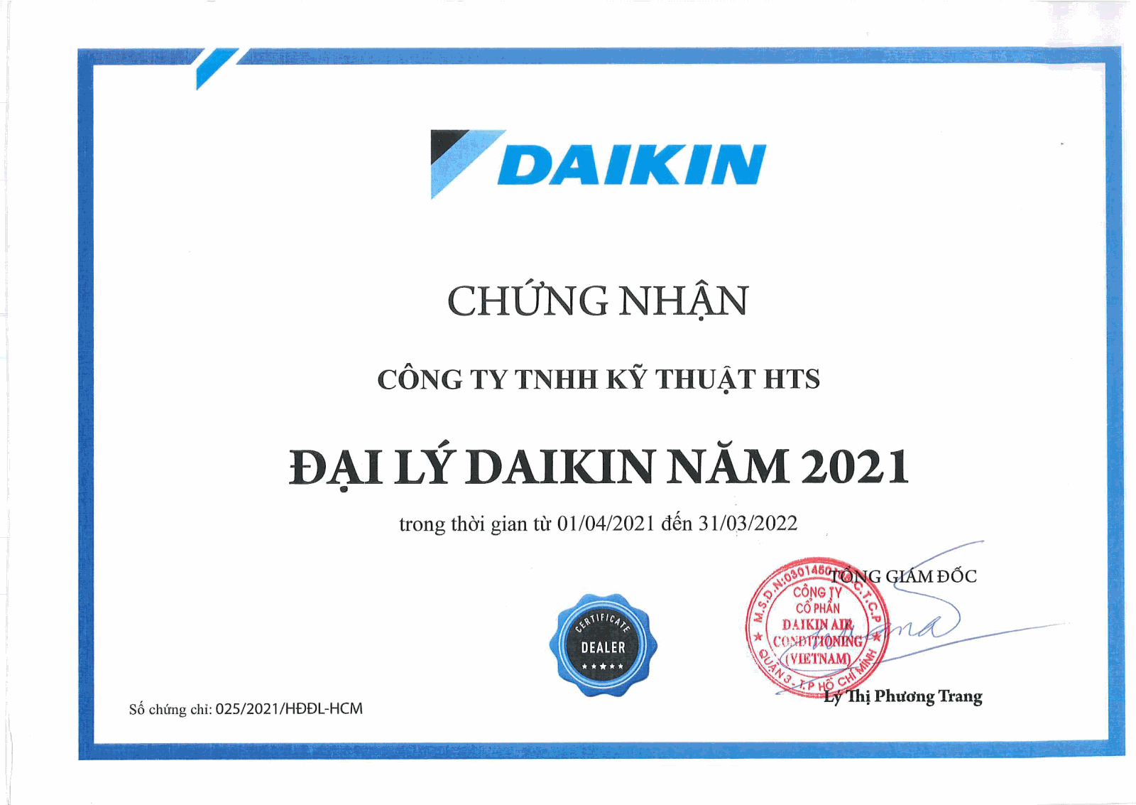 Chứng nhận Proshop Daikin 2021