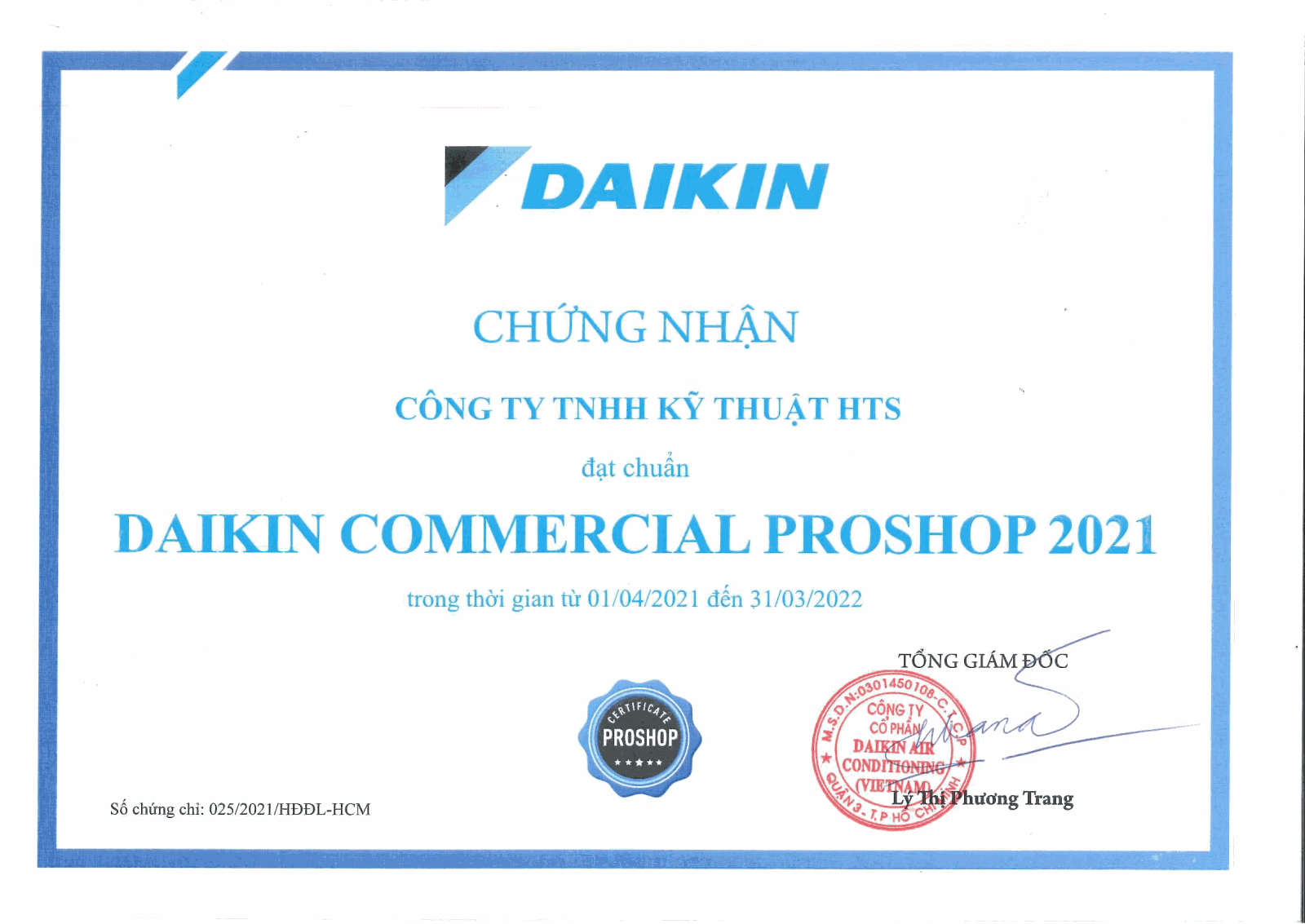 Chứng nhận Đại lý Daikin 2021
